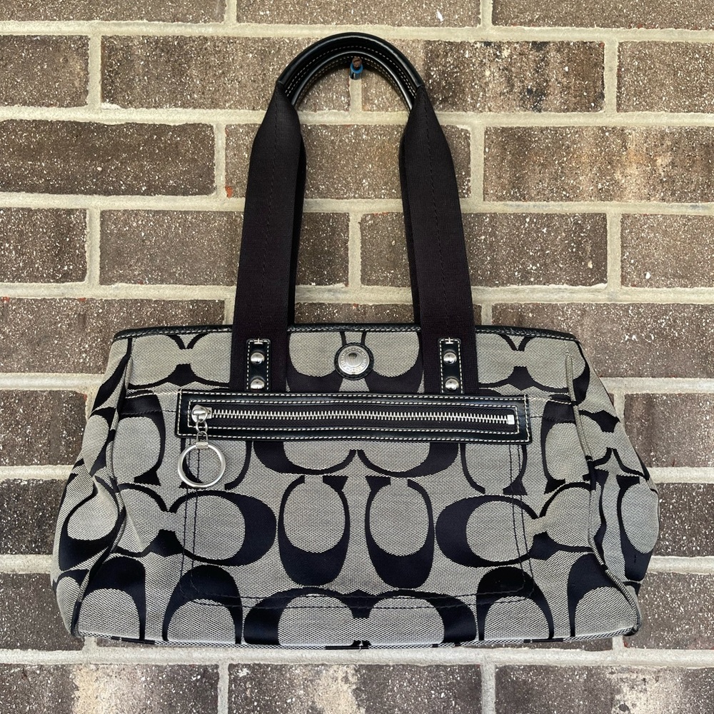 BLACK AND GREY COACH LOGO PURSE
